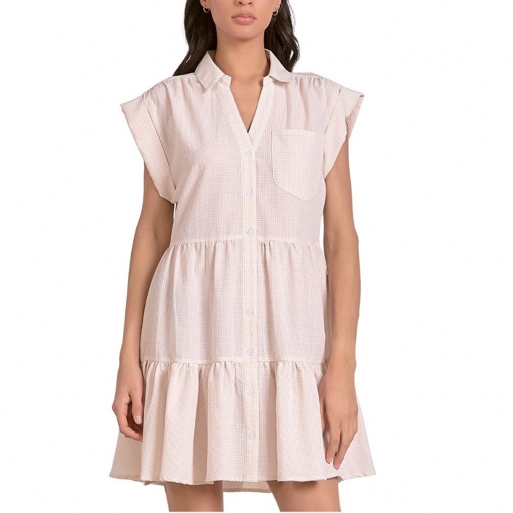 Elan Tan Seersucker Tiered Shirt Dress Cap Sleeve Button Front Mini XL NEW